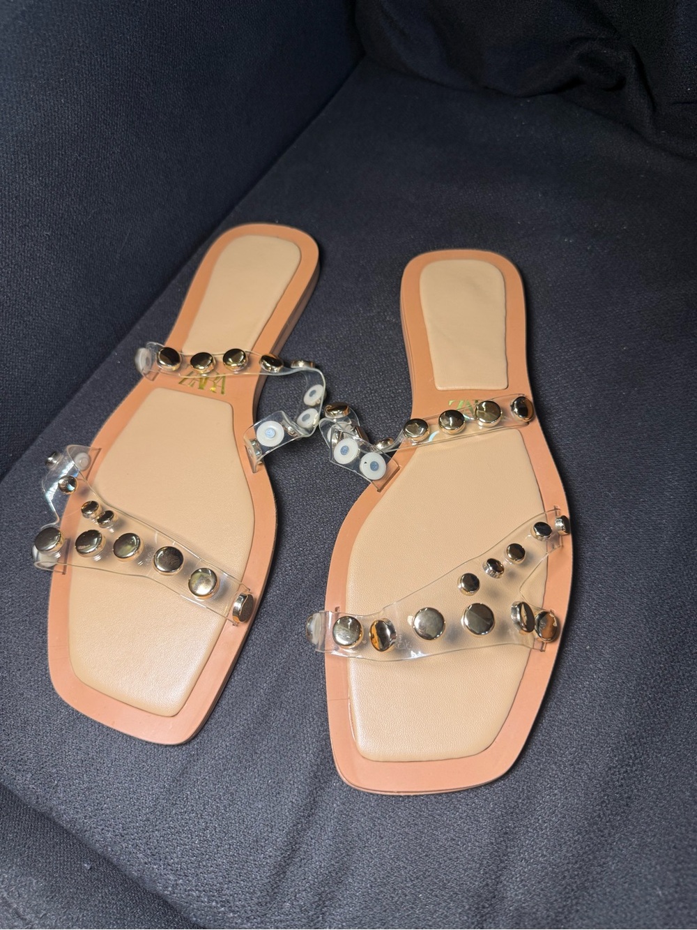 Zara Clear Strap Sandals with Nude-Tan Footbed and Gold Studs